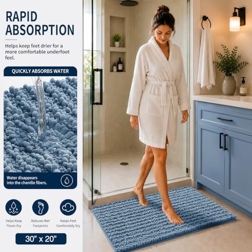 Yimobra Bathroom Rug Set 3 Piece - Super Absorbent Quick Dry Chenille Bath Mats & Toilet Rug, Non Slip Machine Washable, Extra Thick Shaggy Floor Mat for Shower Tub Sink, Denim Blue - color: Denim Blue, size: 24"x17" + 24"x20" + 30"x20"