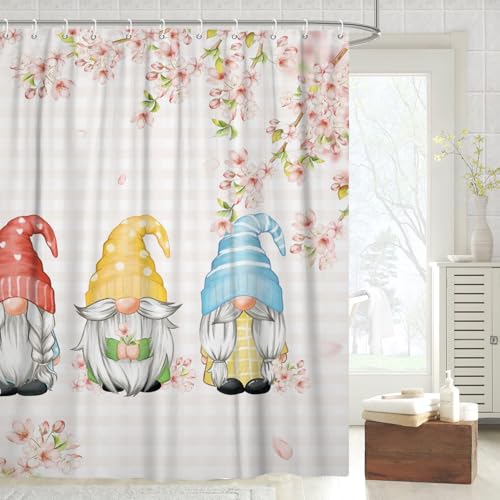 Fabric Shower Curtain with Hooks, Waterproof & Washable & Polyester, Spring Pink Gnome Cherry Floral Shower Curtains for Bathroom, Funny Cute Anime Rusitc Bathroom Curtain, House Gift, 71x74 Inch - color: Spring Cherry Floral Gnomes