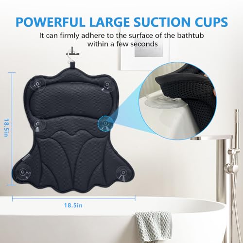 REEZEIVI Bath Pillows for Tub,Bath Pillow with 6 Non-Slip Suction Cups,Soft 4D Mesh Fabric,Bathtub Pillows for Tub Neck and Back Support,Extra Thick Luxury Bathtub Pillows,Black - color: Black