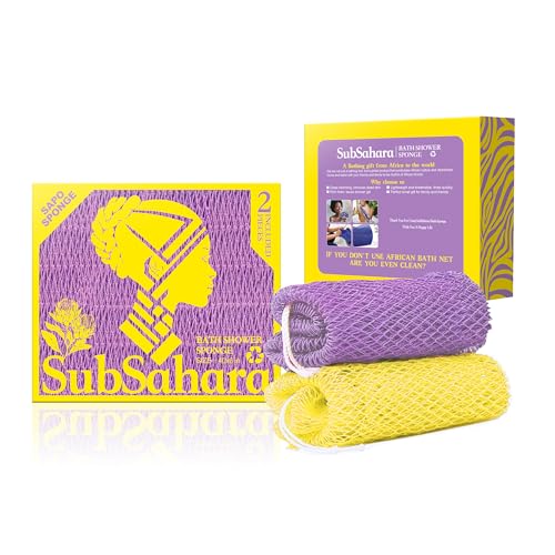 SubSahara Authentic African Net Sponge - 2 Pack Exfoliating Bath & Shower Loofah Sponge for Body & Face, Gentle Scrubber for All Skin Types, Travel, Durable (Lavender Purple & Bright Yellow) - color: Lavender Purple & Bright Yellow