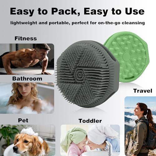 Silicone Body Scrubber for Men Women, Dual-Sided Bath Brushes Gentle Exfoliating Body Scrubber Scalp Massager for Deep Cleansing, Soft Silicone Loofah Body Washing Brushes (Gray+Green) - color: Gray+green