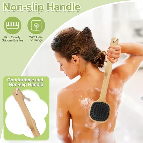 Silicone Back Scrubber for Shower, 2 PCS Silicone Bath Body Brush Loofah with Long Handle, Dual-Sided Shower Brush for Body, Exfoliating Body Scrubber Back Washer for Men Women(Lake Blue +Black) - size: black+lack blue-2pcs