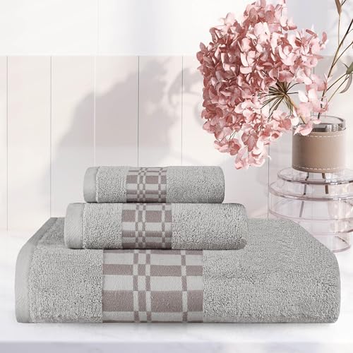 Superior 3-Piece Cotton Towel Set, Geometric Design, Dobby Border, Plush Quick Dry Towels, Decorative Bathroom, Spa, Includes 1 Bath, 1 Hand, 1 Face Towel/Washcloth, Larissa Collection, Chrome - color: Chrome, size: 3 Piece Towel Set