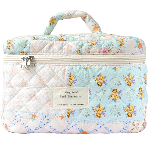 Sminra Makeup Bag Large Travel Quilted Cosmetic Makeup Bag Organizer, Floral Cotton Coquette Aesthetic Toiletry Bag for Women Girls (Blue Floral Collage-L) - color: Blue Floral Collage-L