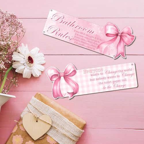 Bow Bathroom Decor, Pink Bow Decor, 2-Piece Set of Fun Bathroom Signs, Suitable for Teen Bedrooms and Teen Girls Bedrooms, Rustic Style Wooden Signs, Gifts for Daughters and Besties