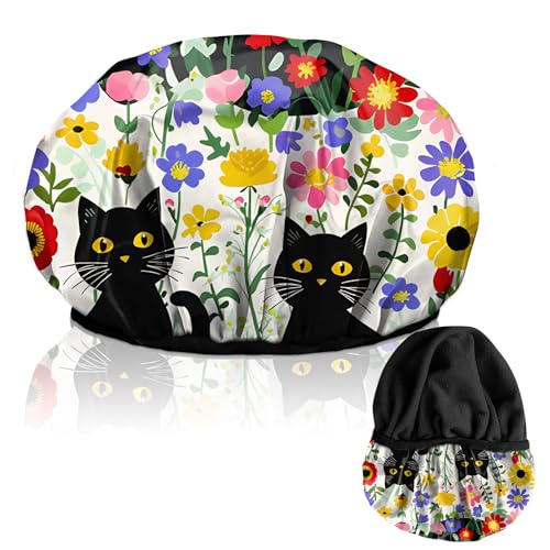 Luxury Shower Cap Terry Lined Reusable Triple Layer Waterproof Hair Elastic Caps Shower Bath Hat for Women Girls Cute Aesthetic-Flower Black Cat - color: AL6-Flower Black Cat