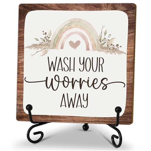5" Bathroom Decor, Wash Your Worries Away Sign,Boho Bathroom Laundry Room Decor, Guest Bathroom Decoration, Farmhouse Home Toilet Bathroom Plaque Sign Table Shelf Decor-A06 - color: Wash Your Worries-06