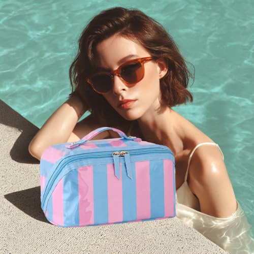 DYSHAYEN Stripe Travel Makeup Bag with Compartments Clear Coated Cosmetic Bag for Women, Waterproof Portable Open Flat Toiletry bag （Blue-Pink） - color: Blue-Pink