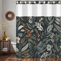 Boho No Hook Shower Curtain and Liner Set 71x74inch | Dark Botanical White Floral Pattern, Waterproof Fabric Bath Curtain for Farmhouse Bathroom with Breathable Mesh Top Window - color: Black 02