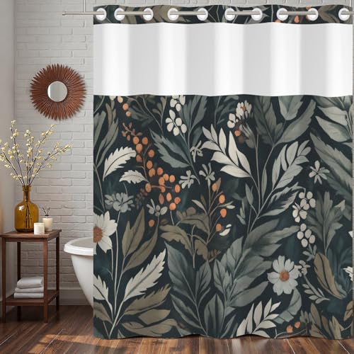 Boho No Hook Shower Curtain and Liner Set 71x74inch | Dark Botanical White Floral Pattern, Waterproof Fabric Bath Curtain for Farmhouse Bathroom with Breathable Mesh Top Window - color: Black 02