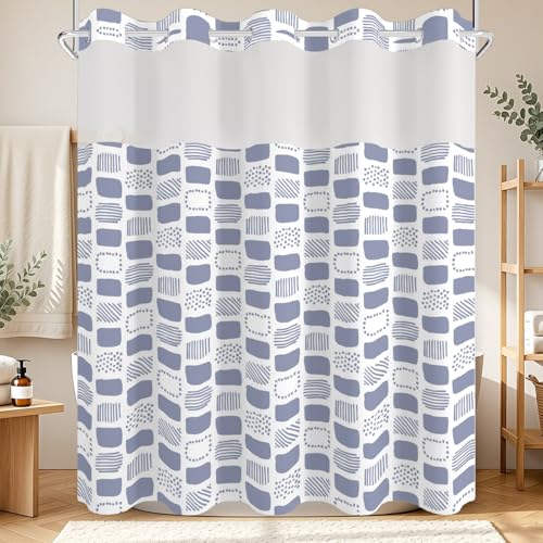No Hook Shower Curtain with Snap in Liner Set, Boho Modern Abstract Geometric Unique Pattern Decorative Waterproof Fabric Shower Curtain for College Dorm Hotel Apartment Bathroom Bathtub, 71x74 Inch - color: Mid-century Geometry