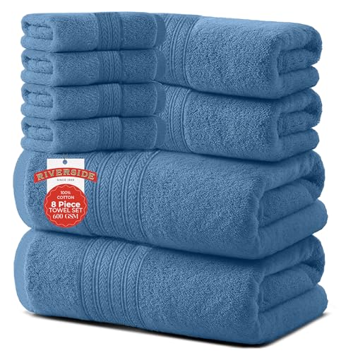 RIVERSIDE Pack of 8 Towels Set, 2 Large Bath, 2 Hand, 4 Face Washcloths, 100% Cotton Hotel Quality, Super Soft, Quick Dry, Highly Absorbent Perfect for Bathroom, Medium Blue - color: Medium Blue, size: Towel Set (PK 8)