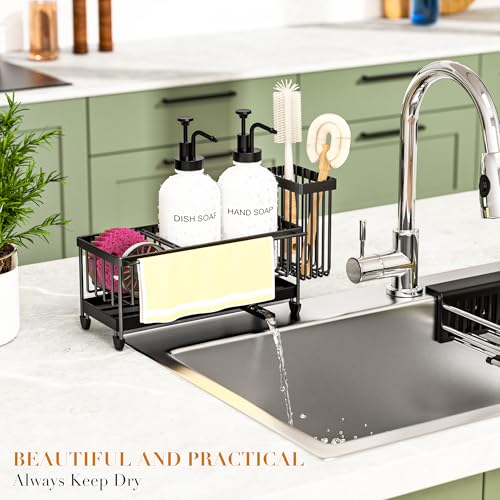 Kitchen Soap Dispenser Set with Sponge Holder and Towel Rack, 17OZ Glass Bottle, Hand and Dish Soap Dispenser Set, Non-Slip Silicone Pad, Brush Holder, Kitchen Sink Caddy Organizer Countertop (White) - color: White