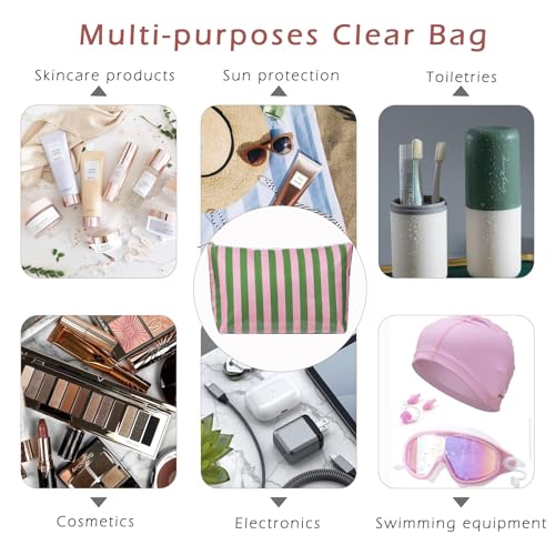 RSRSLEII Large Waterproof Travel Stripe Makeup Bag,Aesthetic PVC Toiletry Bag,Coquette Cosmetic Bag Organizer,Cute Preppy Carry-on Travel Accessories Essentials for Women Girls(01Pink Green) - color: 01Pink Green