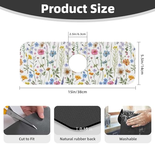 Spring Flower Colorful Leaves 15" X 5.5" Kitchen Sink Splash Guard Faucet Faucet Guard Draining Mat Sink Splash Guard Faucet Kitchen Bathroom - color: Spring Flower Colorful Leaves