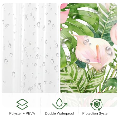 LQCOOL Pink Anthurium Tropical Leaves Shower Curtain and Liner, 3 in 1 Shower Curtain Set with 12 Double Sided Shower Curtain Hooks, Waterproof Fabric Shower Curtains for Bathroom,72" W*72" H - color: Pink Leaf