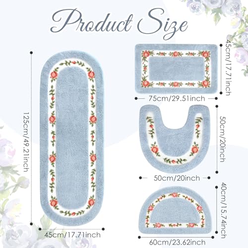 Timgle 4 Pcs Rose Flowers Coquette Bathroom Rugs Set Coquette Decor Rose Flower Area Rugs Non Slip Absorbent Washable Door Mat Floral Bathroom Carpet for Home Hotel, 4 Shapes (Blue) - color: Blue
