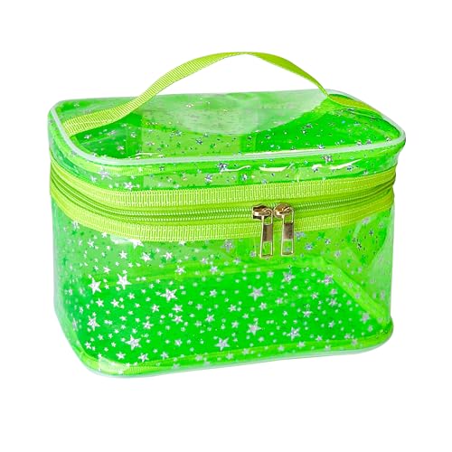 Star Print Green PVC Makeup Bag with Handle - 8.66 * 5.51 * 5.51 inch,Clear Storage Bag Toiletry Pocket Portable Zippered Pouch Waterproof Cosmetic Organizer Bags for Women (Green-L) - color: Green-L