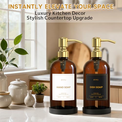 Kitchen Soap Dispenser Set – 16.8oz/500ml Glass Hand and Dish Soap Dispenser with Stainless Steel Pumps & Non-Slip Silicone Base, Luxury Countertop Decor for Home, Airbnb, Office (Amber & Gold) - color: Amber & Gold