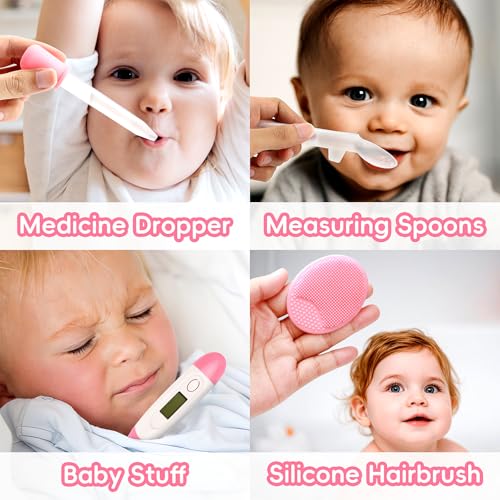 Baby Grooming Kit, Infant Safety Care Set with Hair Brush Comb Nail Clipper Nasal Aspirator,Baby Essentials Kit for Newborn Girls Boys (Pink Baby Grooming kit) - style: Pink Kit+Pink Brush