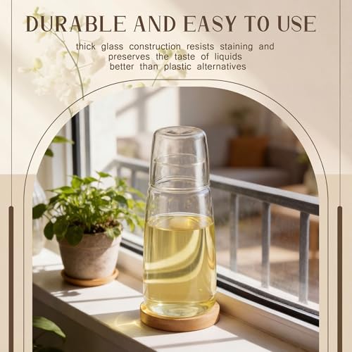 2 Set 25 oz Glass Mouthwash Dispenser with Wood Tray and Mouth Wash Labels, Mouth Wash Container Bottle with Lid Cup, Mouthwash Decanter for Bathroom Bedside Water Carafe for Nightstand