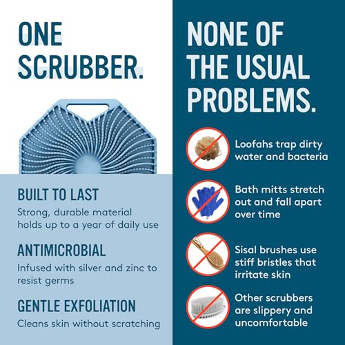 Sud Scrub® Antimicrobial Silicone Body Scrubber, Exfoliating Body Brush for Sensitive Skin, Antibacterial Shower Scrubber for Body, Bathroom Essentials for Men & Women, Blue - color: Blue