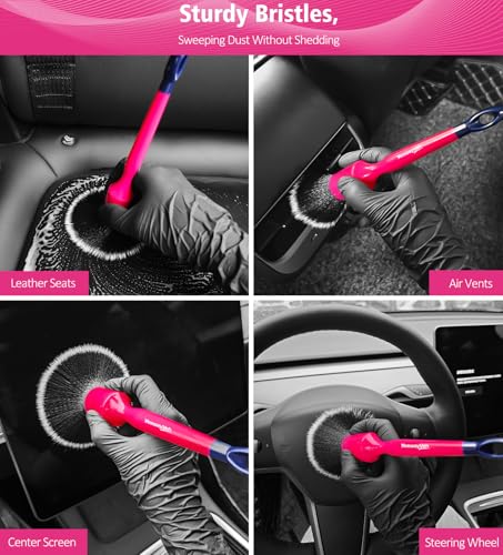 YeewayVeh 6PCS Car Detailing Brush Set, 3pcs Boars Hair Detailing Brushes, 3pcs Ultra Soft Detail Brush for Leather Seat Air Vents Engine Bay, Detail Brushes Car Detailing for Interior Exterior, Pink - color: Magenta Pink