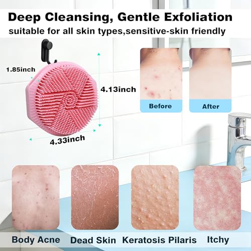 Silicone Body Scrubber for Men Women, Dual-Sided Bath Brushes Gentle Exfoliating Body Scrubber Scalp Massager for Deep Cleansing, Soft Silicone Loofah Body Washing Brushes (Pink) - color: Pink