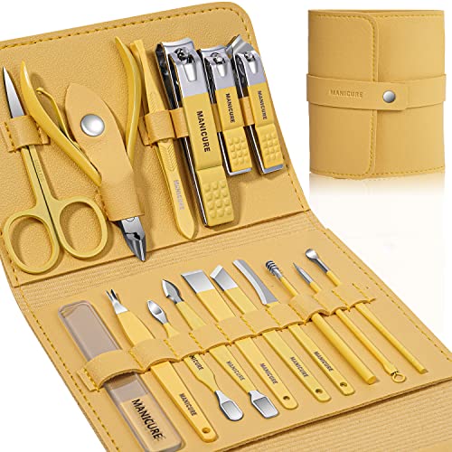 Manicure Set Professional Nail Clippers Pedicure Kit, 16 pcs Stainless Steel Nail Care Tools Grooming Kit with Luxurious Travel Leather Case for Thick Nails Men Women Gift (Yellow) - color: Yellow