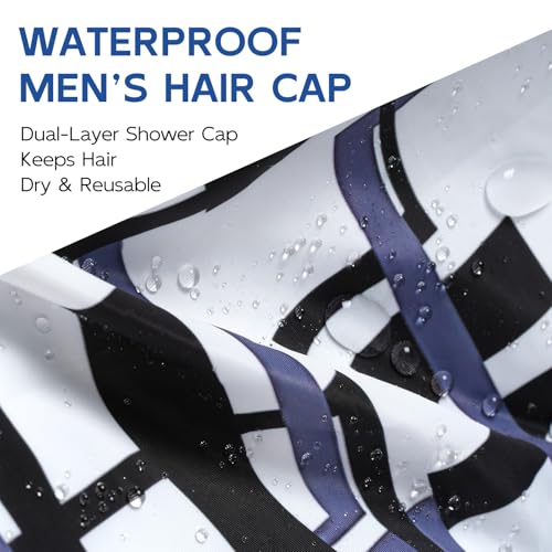 Years calm Shower Cap for Men, Waterproof & Heat-Retaining Hair Treatment Cap – Reusable Men’s Shower Cap with Foil Lining, Elastic Band, for Steam Care, Hair Mask & Oil Conditioning - color: Black and white