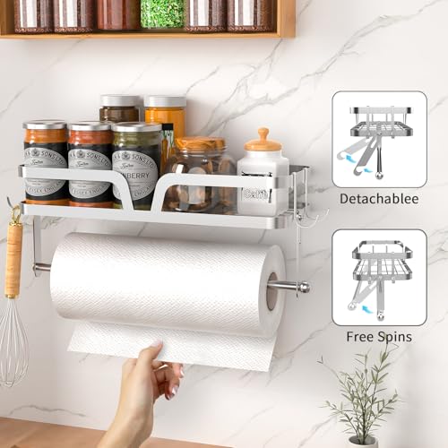 Taozun Paper Towel Holder Wall Mount, Kitchen Paper Holder Spice Rack Paper Towel Roll Holder Bathroom Hand Towel Holder with 4 Hooks (2 Installation Methods - Self-Adhesive and Drilling) Silver