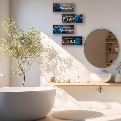 ONIZHITY 4 Pcs Blue Bathroom Decor Religious Wall Art Bible Verse Inspirational Navy Blue Rose Wall Decor Rustic Wooden Christian Sign for Home Bathroom Office Bedroom Living Room Kitchen(Blue 10x4) - color: Blue Rose