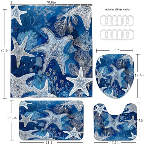 LQCOOL 4Pcs Blue Ocean Shower Curtain Set, Modern and Nautical Bathroom Sets, Starfish and Coral Decor Bathroom Sets with Shower Curtain and Rugs, Shower Curtain with 12 Hooks - color: Dark Blue