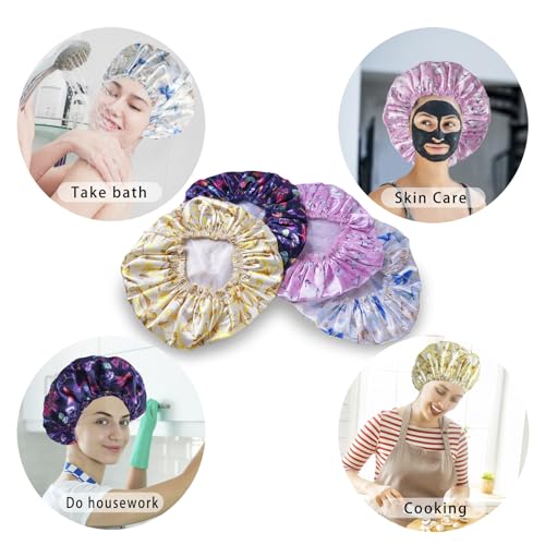 Shower Cap for Women,4 PCS Elastic and Reusable Bath Caps, Double Layers Shower Caps Reusable Waterproof, Bathing Shower Caps, Environmental Bath Hair Protection Cap - Butterfly D - color: Butterfly D