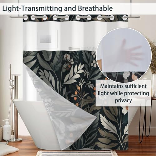 Boho No Hook Shower Curtain and Liner Set 71x74inch | Dark Botanical White Floral Pattern, Waterproof Fabric Bath Curtain for Farmhouse Bathroom with Breathable Mesh Top Window - color: Black 02