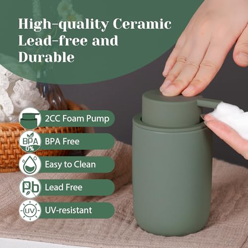 INGOFIN Ceramic Foaming Soap Dispenser Set, 2 Pack (12 oz) Bathroom Foam Hand Soap Dispenser with Pump, Hand and Dish Dispenser Set with 8 Pcs Clear Stickers,for Kitchen- Matte Green - color: Matte Green-foam