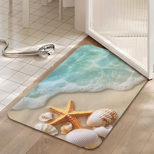 Bath Mats for Bathroom,Starfish Seashells Bathroom Rugs,Summer Ocean Beach Diatomaceous Bath Rug Quick Dry, Non Slip Super Absorbent Low Profile Doormat for Home Kitchen Patio 17 X 29.5 Inch - color: Starfish Seashells