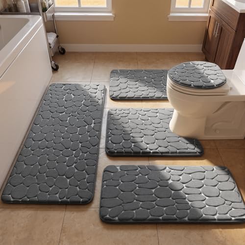 YIHOUSE Bathroom Rugs Mat Set, Memory Foam Bath Mat 5 Piece Dark Grey | Non Slip, Water Absorbent, Washable, Bath Mat For Bathroom, Sink and Toilet - color: Dark Grey, size: 3'11" x 1'8" (Rectangular)