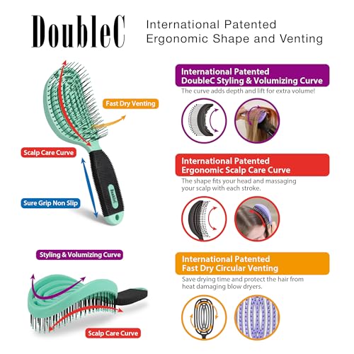 NuWay® DoubleC® Detangling Hair Brush – The Original Home Scalp-Care Brush – Patented Double Curved Scalp Care Hairbrush for Gentle Detangling, Volume Styling & Wet or Dry Hair (Mint Green) - color: Mint Green