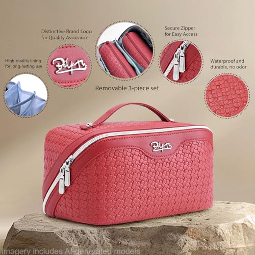 BOYATU Travel Makeup Bag Cosmetic Bags for Women: Large Capacity 3 Pcs Set Make up Bag with Compartments - Waterproof Vegan Leather Toiletry Organizer Bags with Handle (L54Rose) - color: L54Rose