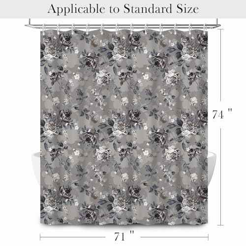 Vintage Grey Floral Shower Curtain 74 Inches Long - Dark Rose Flower Botanical Print Bathroom Curtain with Rust-Proof Hooks, Waterproof Fabric Bath Tub Curtain for Traditional Home Decor - color: Floral-j