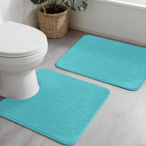 YIHOUSE Memory Foam Bathroom Rugs Sets 2 Piece - Extra Thick Soft Towel-Like Absorbent Bath Mat Set, Non Slip Machine Washable Bath Rugs Carpet for Bath, Tub and Shower (24"x17"+24"x20"U, Aqua) - color: Aqua, size: 1'5" x 2' (17"x24"+20"x24"U)