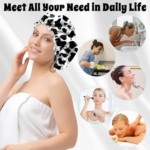 Luxury Shower Cap Satin Lined Reusable Waterproof Double Layer Elastic Adjustable Hair Bath Cap Cute Aesthetic Women Girls-Cow Leopard - color: F9-Cow Leopard