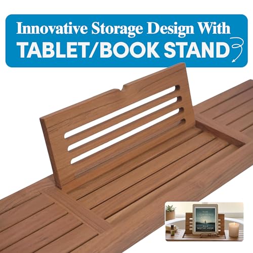 AquaTeak 30" Manada Teak Bathtub Tray Caddy - Durable, Water-Resistant Bath Tray for Tub with Foldable Book & Tablet Stand - Fits Standard Soaking Bathtubs - Bathroom Accessories for Spa
