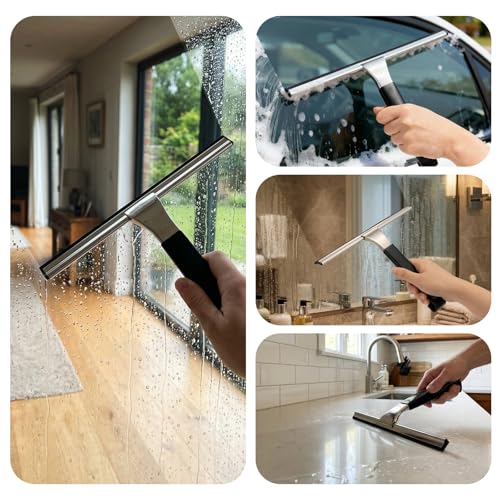 10" Wide Stainless Steel All-Purpose Shower Squeegee for Glass Doors, Shower Glass Squeegee with Hook, Squeegee for Shower Glass, Tile, Bathroom, Car Glass, Mirror