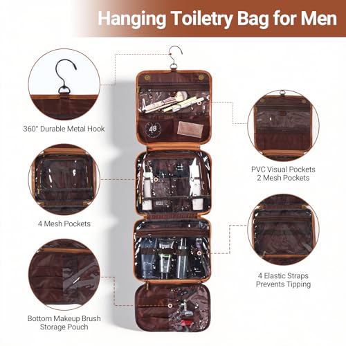 OXYEFEI Personalized Hanging Travel Toiletry Bag Gift for Men,Engraved Initial PU Leather Mens Large Toiletry Travel Essential Organizer Dopp Kit Shaving Bag for Him Birthday (S, Light Brown) - style: S