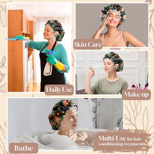 Luxury Shower Cap Adjustable Reusable Double Waterproof Layer Elastic Satin Lined Hair Bath Cap Cute Aesthetic Women Girls (K3-Cat Flower) - color: K3-Cat Flower