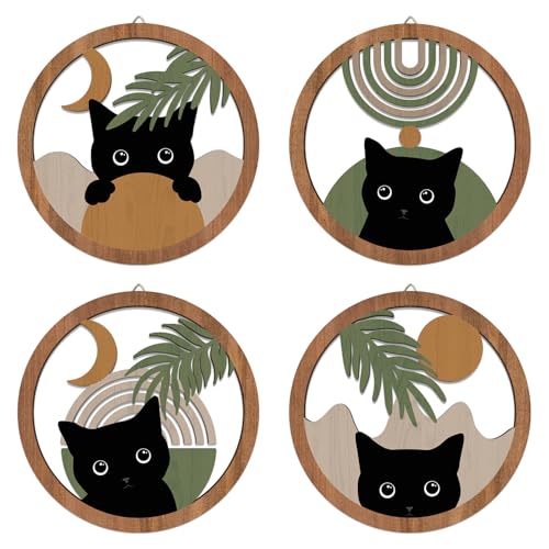 HPNIUB Boho Black Cat Wall Decor, Farmhouse Geometric Hanging Wooden Wall Art, 4 Pieces 10''x10'' Mid Century Bohemian Abstract Moon and Sun Wood Sign for Nursery Bedroom Decoration, Lovely Cat Gifts - color: Cat style B
