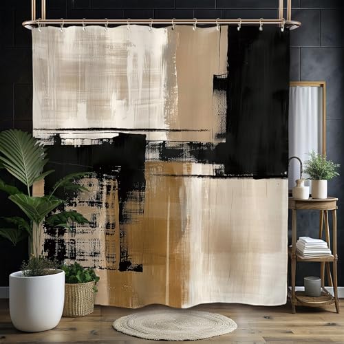 Miyotaa Abstract Minimalist Modern Shower Curtain Set 71Wx84H Inches Extra Long Black Tan Neutral Contemporary Brushstroke Art Waterproof Bathroom Curtain with 12 Hooks - color: Black Tan, size: 71"W x 84"L (Pack of 1)