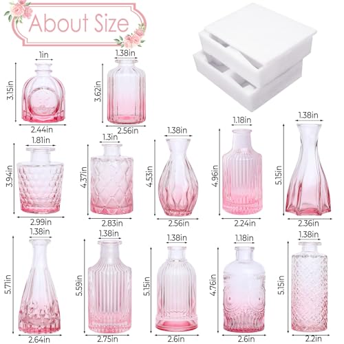 TBWIND Pink Glass Bud Vases Set of 12, Vintage Mini Vases for Centerpieces, Glass Bud Vase in Bulk for Wedding Decor, Single Flowers, Office and Home Table Flower Décor - color: Pink-12pcs, size: 12Pcs